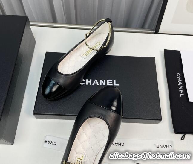 Shop Duplicate Chanel Lambskin & Shiny Calfskin Ballet Flat with Chain Loop Black 805029