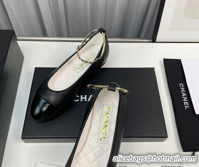 Shop Duplicate Chanel Lambskin & Shiny Calfskin Ballet Flat with Chain Loop Black 805029