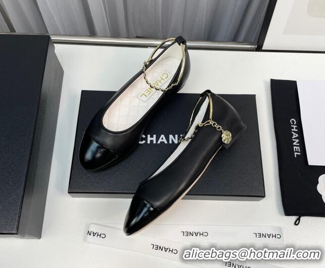 Shop Duplicate Chanel Lambskin & Shiny Calfskin Ballet Flat with Chain Loop Black 805029