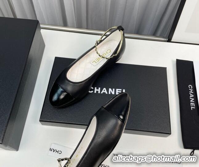 Shop Duplicate Chanel Lambskin & Shiny Calfskin Ballet Flat with Chain Loop Black 805029