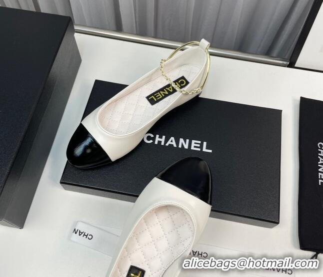 Top Design Chanel Lambskin & Shiny Calfskin Ballet Flat with Chain Loop White 805030