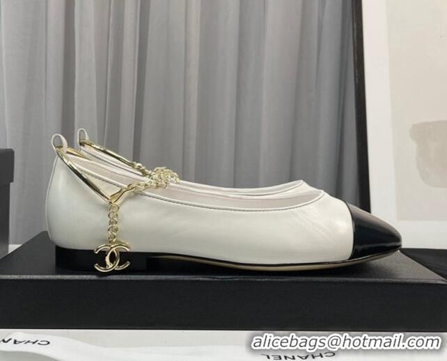 Top Design Chanel Lambskin & Shiny Calfskin Ballet Flat with Chain Loop White 805030