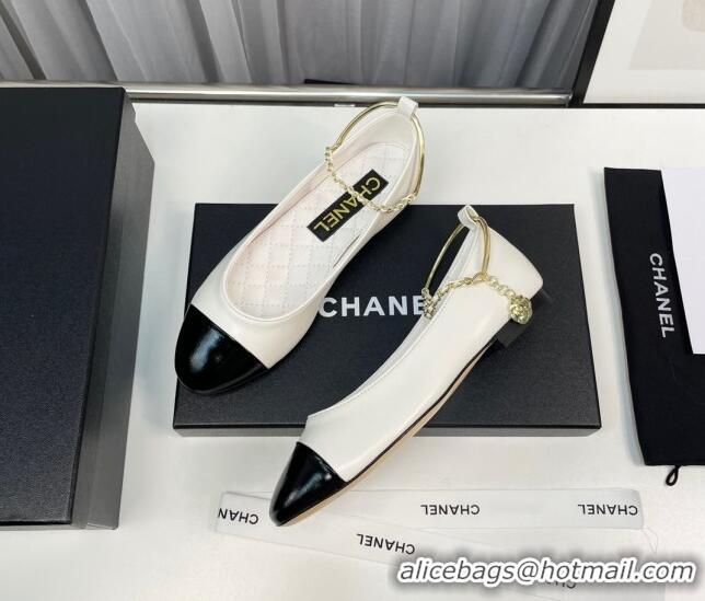 Top Design Chanel Lambskin & Shiny Calfskin Ballet Flat with Chain Loop White 805030