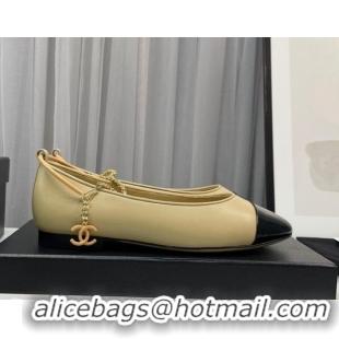 Good Quality Chanel Lambskin & Shiny Calfskin Ballet Flat with Chain Loop Beige 805031