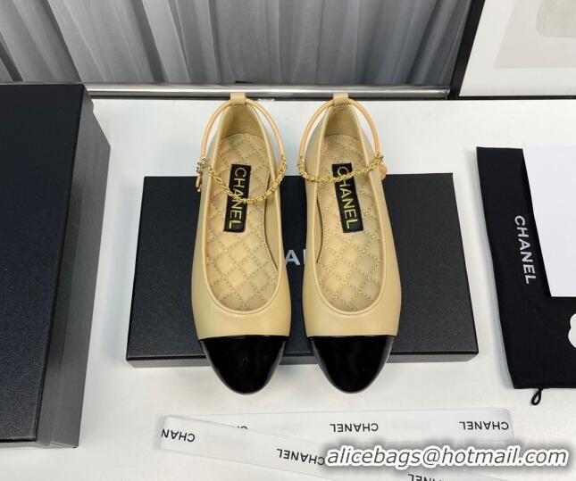 Good Quality Chanel Lambskin & Shiny Calfskin Ballet Flat with Chain Loop Beige 805031