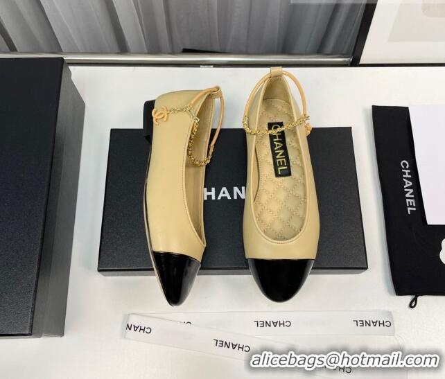 Good Quality Chanel Lambskin & Shiny Calfskin Ballet Flat with Chain Loop Beige 805031