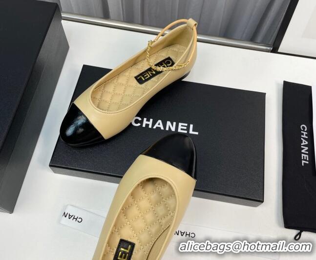 Good Quality Chanel Lambskin & Shiny Calfskin Ballet Flat with Chain Loop Beige 805031