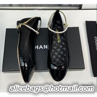 Best Grade Chanel Shiny Calfskin Ballet Flat with Pearls Loop Black 805033