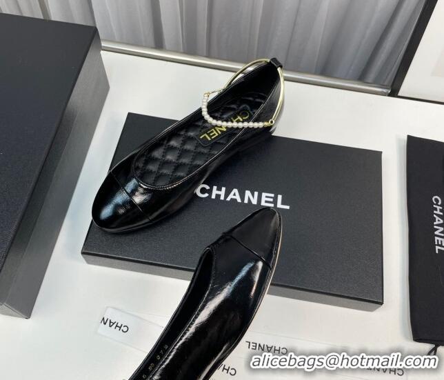 Best Grade Chanel Shiny Calfskin Ballet Flat with Pearls Loop Black 805033