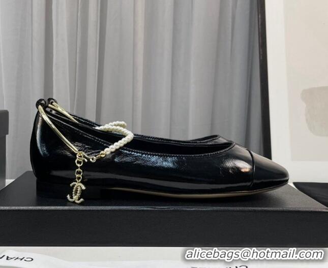 Best Grade Chanel Shiny Calfskin Ballet Flat with Pearls Loop Black 805033