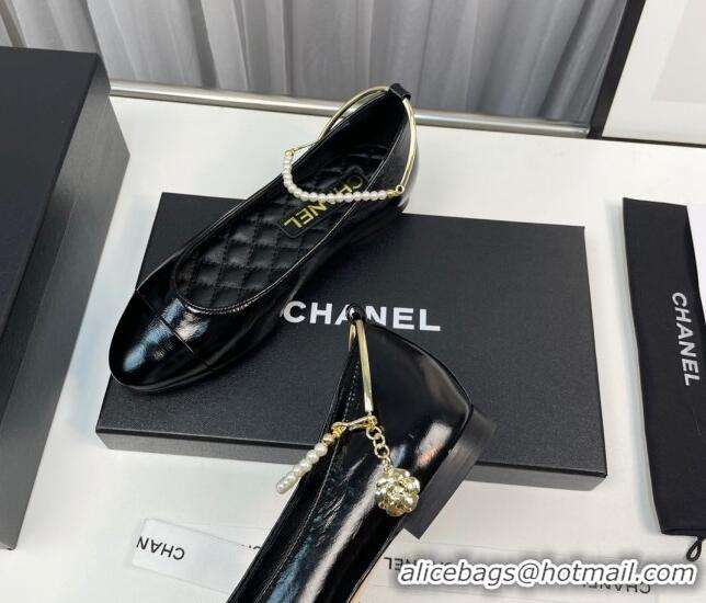 Best Grade Chanel Shiny Calfskin Ballet Flat with Pearls Loop Black 805033