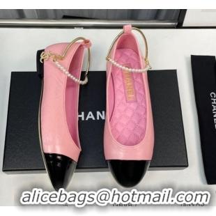 Luxurious Chanel Shiny Calfskin Ballet Flat with Pearls Loop Pink 805034