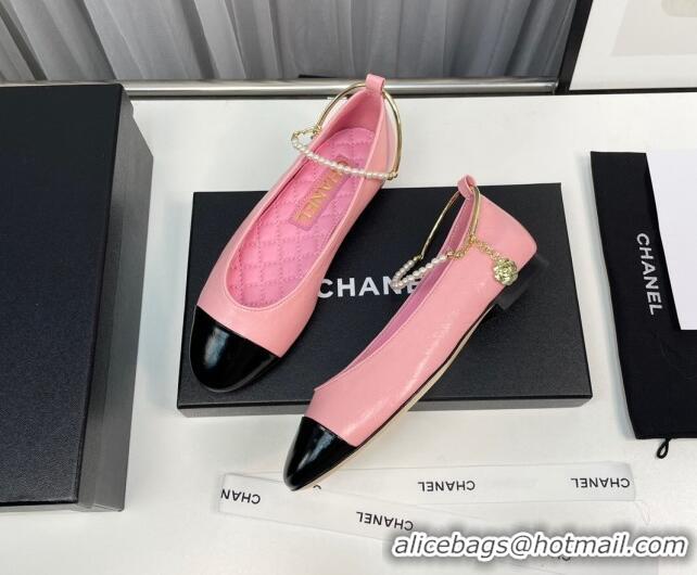 Luxurious Chanel Shiny Calfskin Ballet Flat with Pearls Loop Pink 805034