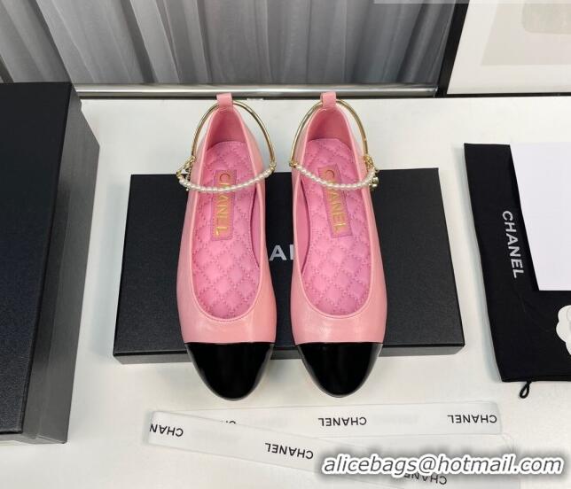 Luxurious Chanel Shiny Calfskin Ballet Flat with Pearls Loop Pink 805034