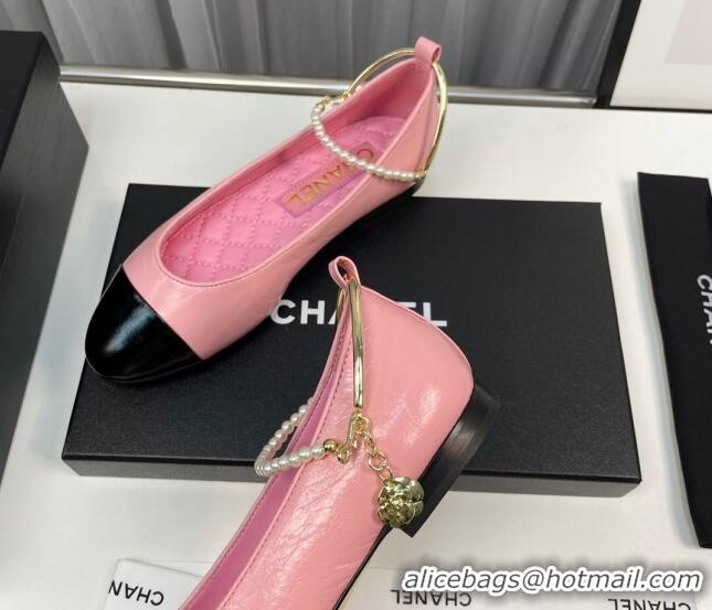 Luxurious Chanel Shiny Calfskin Ballet Flat with Pearls Loop Pink 805034