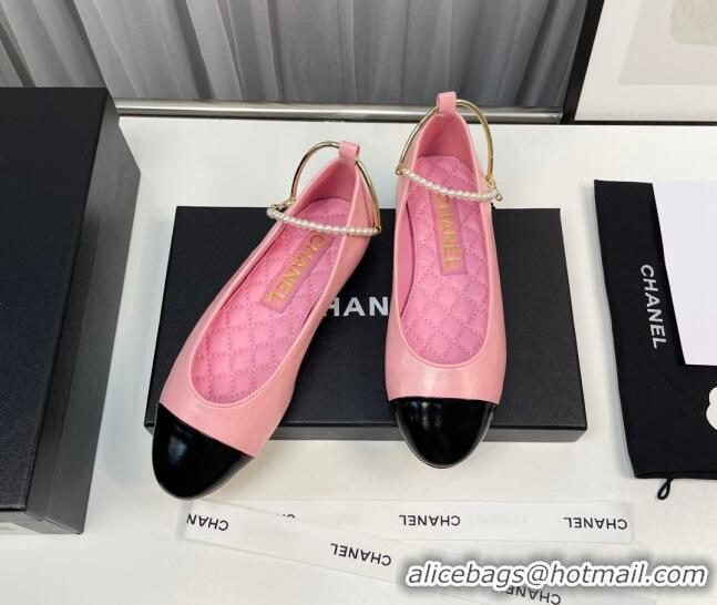 Luxurious Chanel Shiny Calfskin Ballet Flat with Pearls Loop Pink 805034