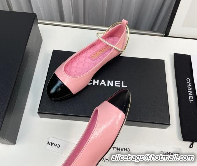 Luxurious Chanel Shiny Calfskin Ballet Flat with Pearls Loop Pink 805034