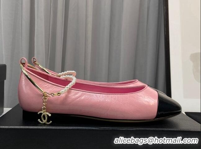 Luxurious Chanel Shiny Calfskin Ballet Flat with Pearls Loop Pink 805034