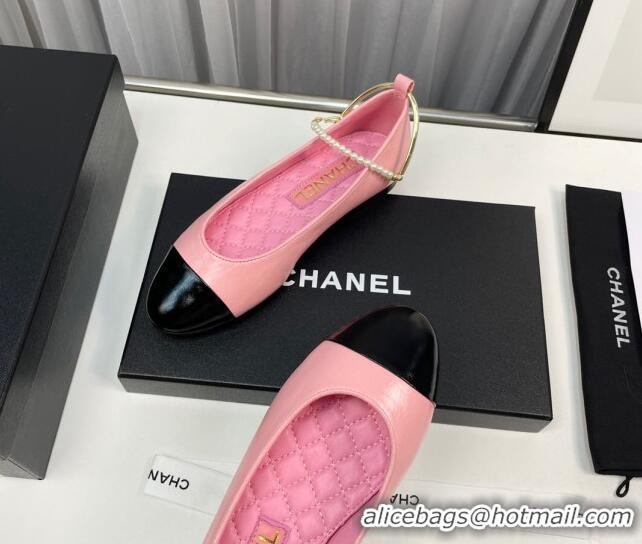 Luxurious Chanel Shiny Calfskin Ballet Flat with Pearls Loop Pink 805034