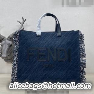 Popular Style Fendi Large Denim Tote Bag with fringe F3113 Dark Blue 2023