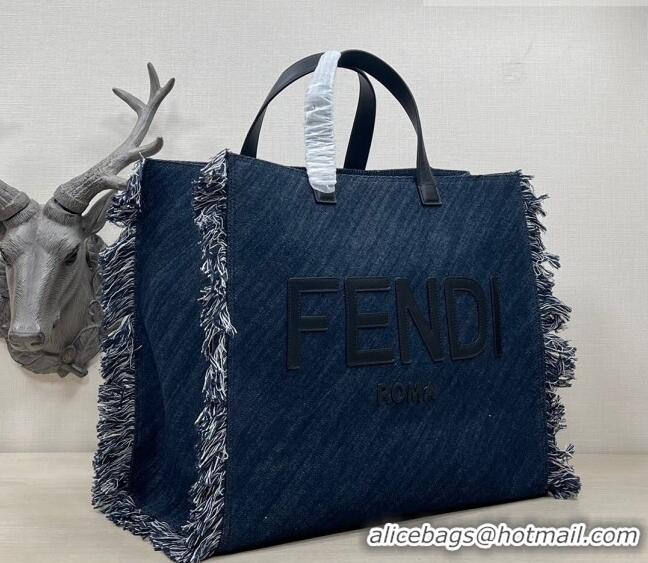 Popular Style Fendi Large Denim Tote Bag with fringe F3113 Dark Blue 2023