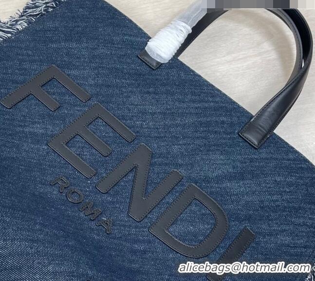 Popular Style Fendi Large Denim Tote Bag with fringe F3113 Dark Blue 2023