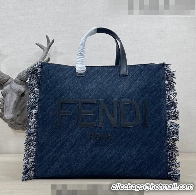 Popular Style Fendi Large Denim Tote Bag with fringe F3113 Dark Blue 2023