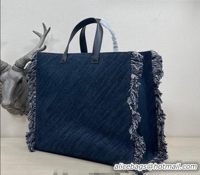 Popular Style Fendi Large Denim Tote Bag with fringe F3113 Dark Blue 2023