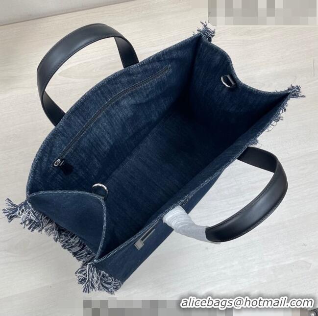 Popular Style Fendi Large Denim Tote Bag with fringe F3113 Dark Blue 2023