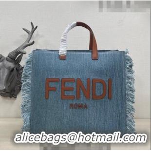 Top Quality Fendi Large Denim Tote Bag with fringe F3113 Light Blue 2023