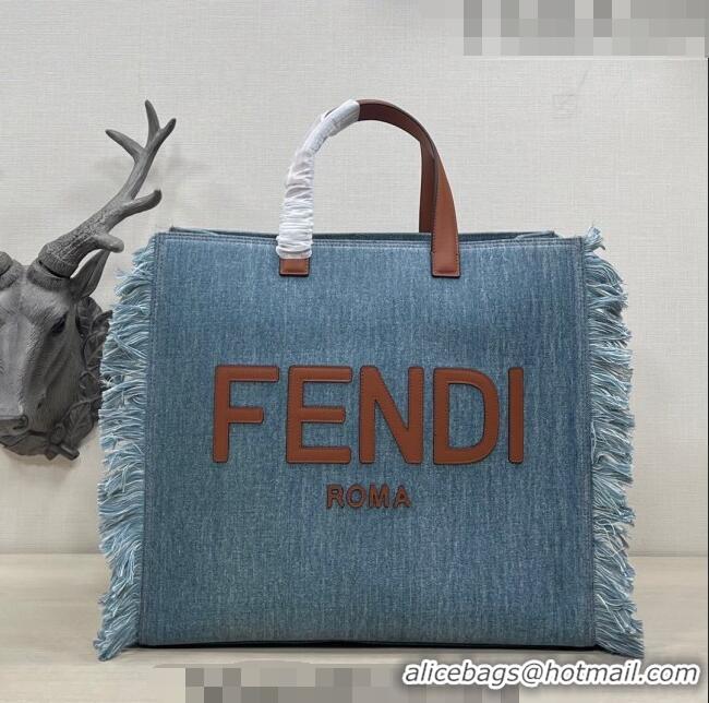 Top Quality Fendi Large Denim Tote Bag with fringe F3113 Light Blue 2023