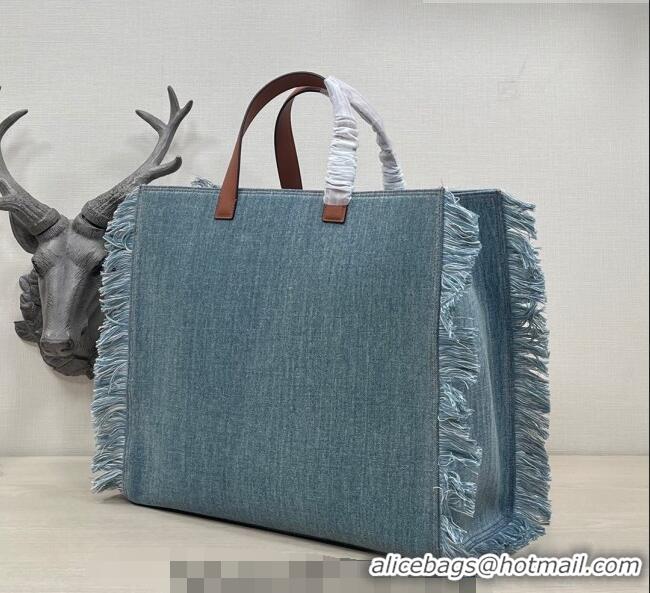 Top Quality Fendi Large Denim Tote Bag with fringe F3113 Light Blue 2023