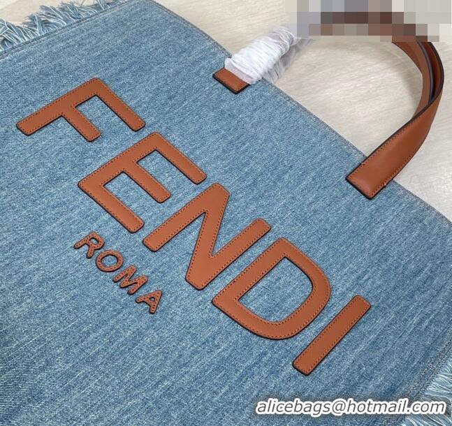 Top Quality Fendi Large Denim Tote Bag with fringe F3113 Light Blue 2023