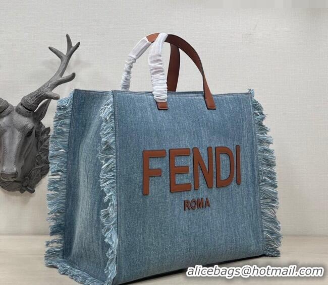 Top Quality Fendi Large Denim Tote Bag with fringe F3113 Light Blue 2023