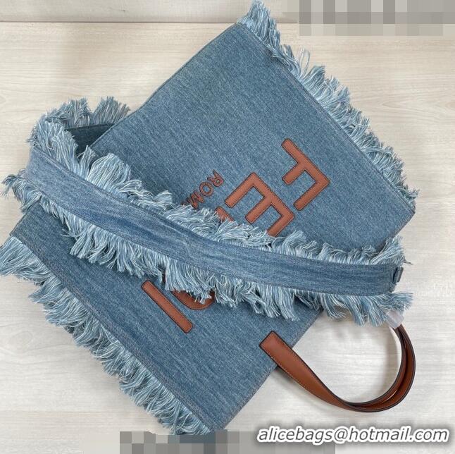 Top Quality Fendi Large Denim Tote Bag with fringe F3113 Light Blue 2023