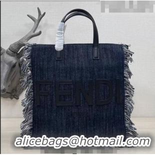 Promotional Fendi Medium Denim Tote Bag with fringe F3114 Dark Blue 2023