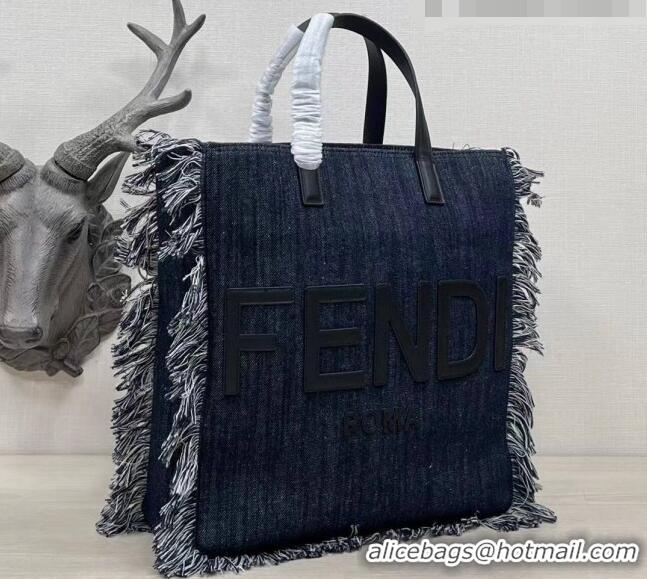 Promotional Fendi Medium Denim Tote Bag with fringe F3114 Dark Blue 2023