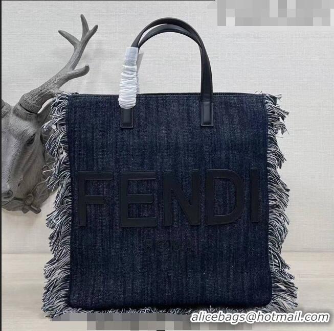 Promotional Fendi Medium Denim Tote Bag with fringe F3114 Dark Blue 2023