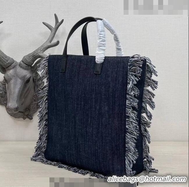 Promotional Fendi Medium Denim Tote Bag with fringe F3114 Dark Blue 2023