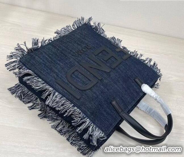 Promotional Fendi Medium Denim Tote Bag with fringe F3114 Dark Blue 2023