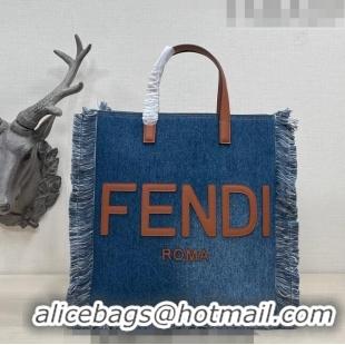 Good Product Fendi Medium Denim Tote Bag with fringe F3114 Medium Blue 2023