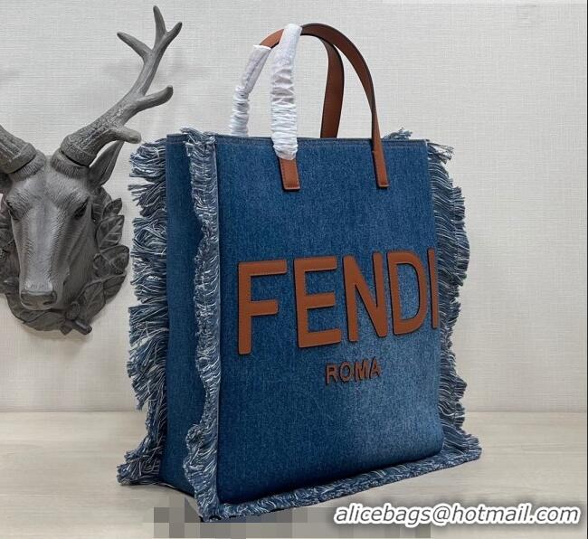 Good Product Fendi Medium Denim Tote Bag with fringe F3114 Medium Blue 2023