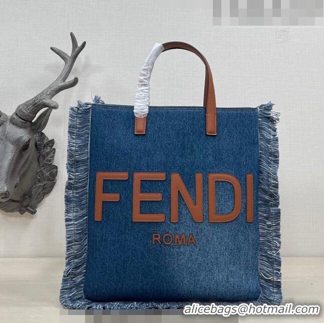 Good Product Fendi Medium Denim Tote Bag with fringe F3114 Medium Blue 2023