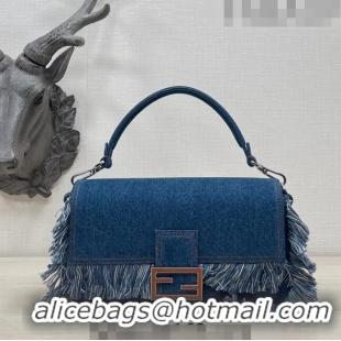 Luxury Cheap Fendi Baguette Medium Bag in Denim with fringe F3117 Medium-Blue 2023