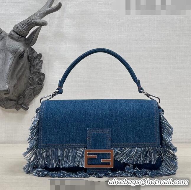 Luxury Cheap Fendi Baguette Medium Bag in Denim with fringe F3117 Medium-Blue 2023