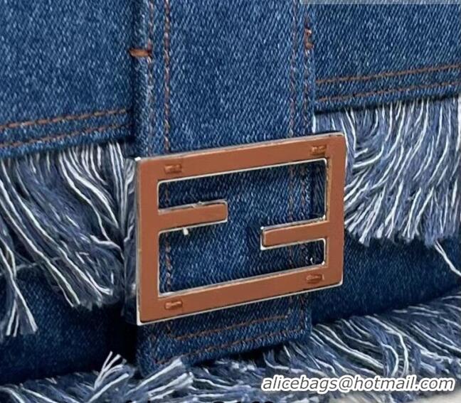 Luxury Cheap Fendi Baguette Medium Bag in Denim with fringe F3117 Medium-Blue 2023