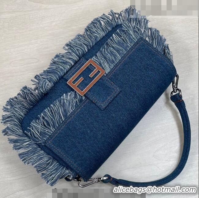 Luxury Cheap Fendi Baguette Medium Bag in Denim with fringe F3117 Medium-Blue 2023