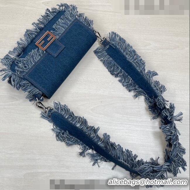 Luxury Cheap Fendi Baguette Medium Bag in Denim with fringe F3117 Medium-Blue 2023