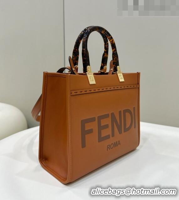 Luxury Cheap Fendi Sunshine Leather Small Shopper Tote Bag F3123 Brown 2023