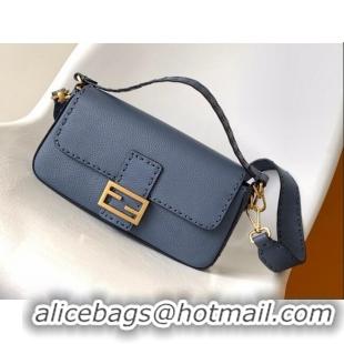 Grade Promotional Fendi Baguette Medium Bag in  Grained Leather with oversize topstitching F3128 Dark Blue 2023